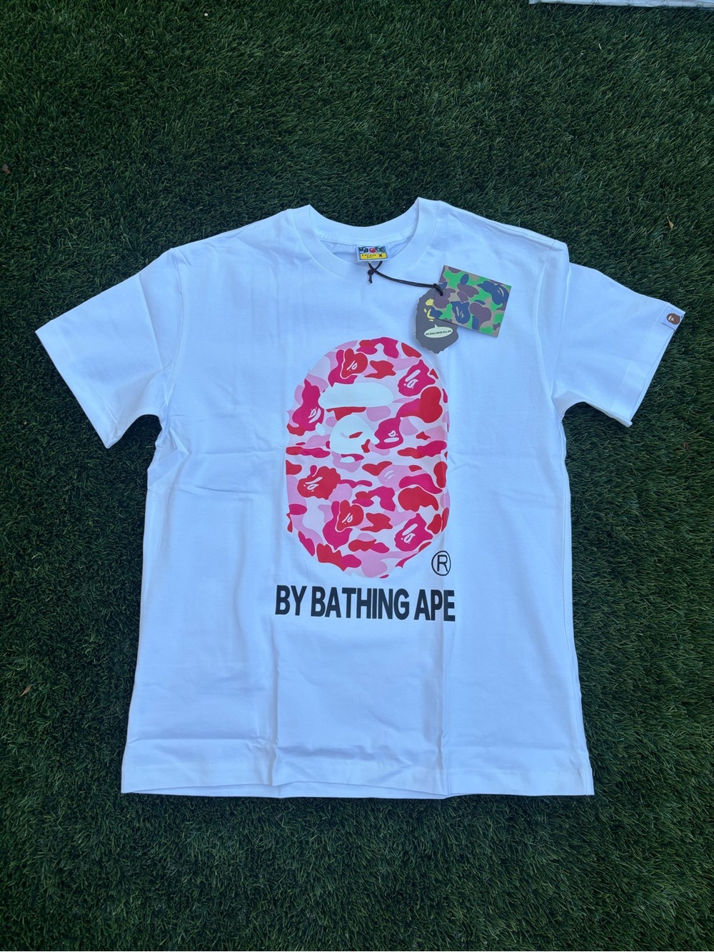 Bape White Tee with Pink Camo Ape Head Graphic